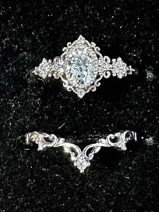 Jewelry - NIB Oval Moissanite 925 Sterling Bridal Set Rings, Art Deco Style, Size 9